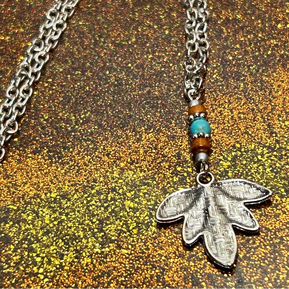 Silver Tone Leaf Pendant Necklace with Turquoise Stone Accents - Picture 3 of 3